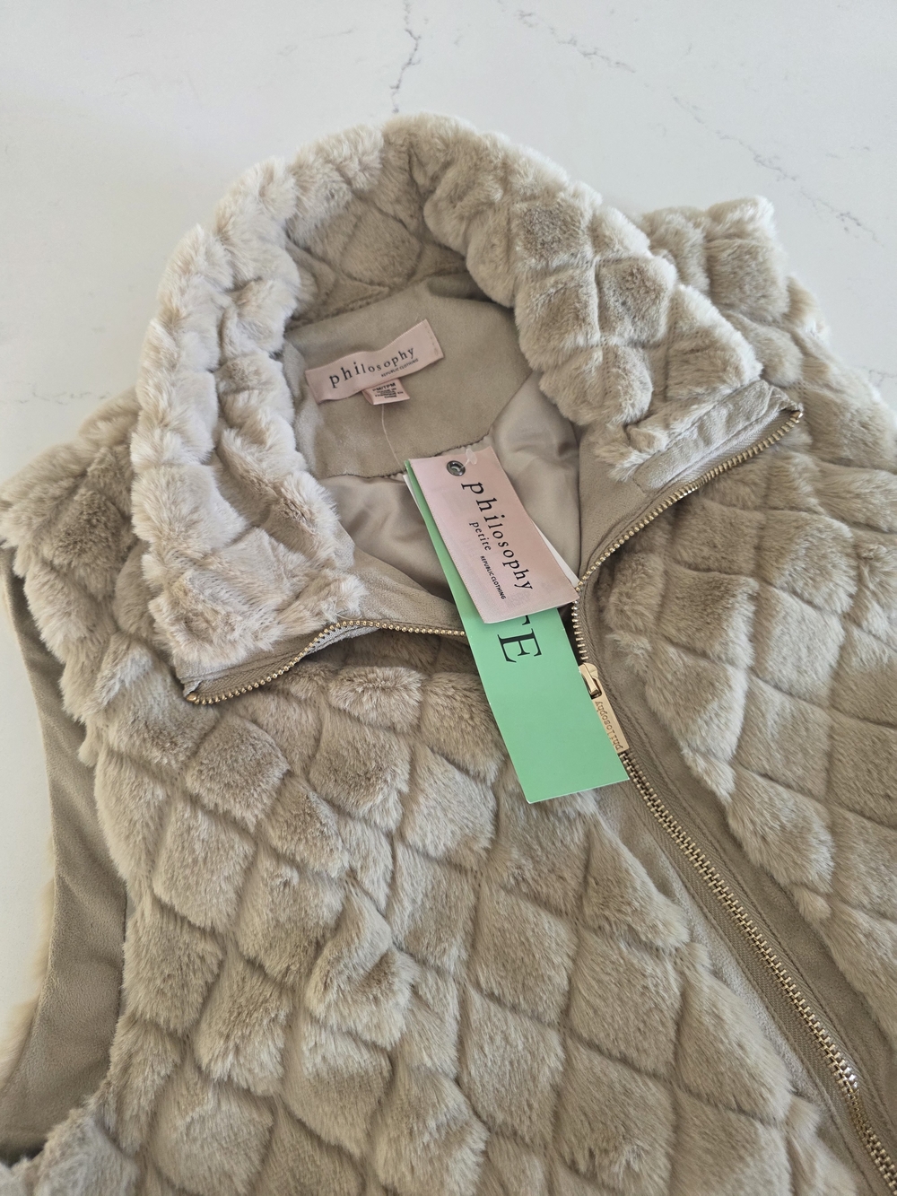 Philosophy Fur-Trim Quilted Zip Front Vest in Light Taupe